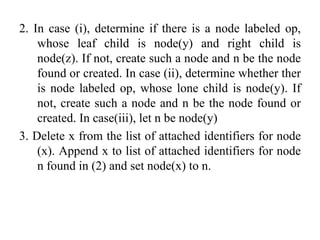 2. In case (i), determine if there is a node labeled op,
whose leaf child is node(y) and right child is
node(z). If not, create such a node and n be the node
found or created. In case (ii), determine whether ther
is node labeled op, whose lone child is node(y). If
not, create such a node and n be the node found or
created. In case(iii), let n be node(y)
3. Delete x from the list of attached identifiers for node
(x). Append x to list of attached identifiers for node
n found in (2) and set node(x) to n.
 