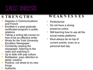 STRENGTHS Degrees in Communications and French Enrolled in a post graduate certificated program in public relations Taking a writing lab course on how to be an effective writer Wrote for the York University Excalibur Newspaper Constantly reading the newspaper, listening to the radio and watching tv Up to date with pop culture Multitasker, pays attention to detail, creative Positive, not afraid to try new things Authentic WEAKNESSES Perfectionist Do not have a strong presence online Still learning how to use all the social media platforms Must always be on top of current events- even on a personal bad day 