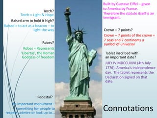 Torch?
Raised arm to hold it high?
Connotations
Robes?
Tablet inscribed with
an important date?
Pedestal?
Crown – 7 points?
Raised = to act as a beacon – to
light the way
Robes = Represents
‘Libertas’, the Roman
Goddess of freedom
An important monument –
something for people to
respect, admire or look up to...
Crown – 7 points of the crown =
7 seas and 7 continents a
symbol of universal
JULY IV MDCCLXXVI (4th July
1776). America’s independence
day. The tablet represents the
Declaration signed on that
date.
Torch = Light & Hope
Built by Gustave Eiffel – given
to America by France.
Therefore the statute itself is an
immigrant.
 