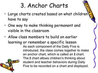3. Anchor Charts Large charts created based on what children have to say One way to make thinking permanent and visible in the classroom Allow class members to build on earlier learning or remember a specific lesson As each component of the Daily Five is introduced, the class comes together to make an anchor chart, which is called an  I   chart. The  I  chart allows children’s thinking about student and teacher behaviors during Daily Five to be recorded on a chart and displayed. 