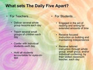 What sets The Daily Five Apart? For Teachers…. Deliver several whole group lessons each day Teach several small groups of children each day Confer with individual students each day Hold all students accountable for eyes-on-text For Students… Engaged in the act of reading and writing for extended amounts of time  Receive focused instruction on building and maintaining independence Receive tailored instruction through whole group, small group, and/or individual conferring, by their skilled classroom teacher, each day 