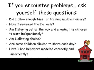 If you encounter problems… ask yourself these questions: Did I allow enough time for training muscle memory? Have I reviewed the I-charts? Am I staying out of the way and allowing the children to work independently? Am I allowing choice? Are some children allowed to share each day? Have I had behaviors modeled correctly and  incorrectly? Who can I collaborate with for support? 
