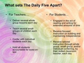 What sets The Daily Five Apart? <ul><li>For Teachers…. </li></ul><ul><ul><li>Deliver several whole group lessons each day ...