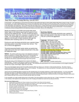 Daily Stock Report Thursday Morning, June 28, 2012
 Announcement: The Trading Room is a LIVE real-time forum where you get excellent stock ideas for mostly intraday scalping trades where our goal is to make 1-3% profit
 per transaction. Go to www.TradeStocksAmerica.com and click on the Trading Room tab for instructions to receive a $1 trial for a week. Not only will you receive excellent
 stock trading ideas, mostly focused on intraday scalps, you will get commentary about the timing, trading action, and market behavior during the day and how it affects any
 stock ideas posted in the Trading Room. Plus, you will interact with other traders as well. It is highly recommended to study the trading strategies and chart setup before
 you use your actual hard earned money and practice in a virtual account for 30-90 days before in order to get a high winning rate while practice. This will dramatically
 increase your chances of being profitable from the beginning of using your own money. See you in the Trading Room!


Stocks are starting to act bullish and could make some
higher highs in the indexes assuming the Supreme Court                                   Summary Opinion
overturns the healthcare law. For the moment we haven’t                                  Continue to work the longs and shorts over a period of
had the fear factor news from overseas or anywhere for that                              days and keep position sizes down to lower than normal.
matter. It is conceivable we could have a bullish run as it                              This isn’t a time to be aggressive.
appears to be the path of least resistance although the
indicators aren’t showing a bull run is in store yet.
                                                                                         Calendar (All Eastern times)
                                                                                         Monday, 1000am, New Home sales, 350k
Continue to work the longs and shorts over a period of days                              Tuesday, 900am, Case-Shiller 20 city Index
and keep position sizes down to lower than normal. This                                  Tuesday, 1000am, Consumer Confidence, 63.0
isn’t a time to be aggressive.                                                           Wednesday, 7:00am, MBA Mortgage Index, -0.8%
                                                                                         Wednesday, 830am, Durable Orders, 1.0%
                                                                                         Wednesday, 1000am, Pending Home Sales, 0.5%
The pharmaceutical-biotech sector stocks are performing                                  Wednesday, 1030am, Crude Inventories, 2.86M
really well so the short term traders should look in this area                           Thursday, US Supreme Court decision on healthcare plan.
for trades both ways.                                                                    Thursday, 8:30am, Initial Claims, 385,000
                                                                                         Thursday, 830am, Continuing Unemployment Claims, 3.275K
REPEAT: The market is still trying to price in the implications of Europe 1)             Thursday, 830am, GDP (Gross Domestic Product), 1.9%
going into recession, 2) Greece, Spain, Italy and now France breaking up                 Friday, 830am, Personal Income, 0.1$
the Euro and how that could affect global economies. It is difficult to                  Friday, 830am, PCE, 0.2%
forecast such an unprecedented event but my opinion for some time is that                Friday, 945am, Chicago PMI, 52.4
the odds are we continue a downtrend through most of the summer.                         Friday, 955am, Michigan sentiment, 74.1
                                                                                         Follow-up notes:
We may get a pop up if the US Supreme Court overturns the Obama             RBC, Regal-Beloit. Consider covering short.
healthcare plan. The basis of that decision is would be unconstitutional to
force all Americans to buy a pre-packaged health care plan. The companies that would benefit from an overturned decision are the largest companies
like Wal-mart, Costco, Home Depot, Target and many others.

This is one of the biggest reasons why Fortune 500 companies CEO’s are citing as an “unknown” in their business planning. The other is the tax
overhaul that Obama vows he will change in 2013, if he is re-elected. The rebound from an overturned decision may spark a fairly strong rally before
fizzling and being overcome by the weight of Europe.

Later this fall, the presidential election would be the other deciding factor for the largest employers to make business decisions. It is very conceivable
that these two factors of a Republican president and an overturned healthcare plan would be a catalyst for a rally of some sort in spite of the bear
forecasters for global markets. The US could start its own economic recovery strong enough to overcome the fear of a European recession and at some
point investors will start to be immune to the same old fear factor from Europe.

In the meanwhile, you might consider taking some of the profits in the short positions as they mature the next 1-2 days in anticipation of a strong pop up
in the markets on the Supreme Court decision due out this Thursday at the latest but could come as early as tomorrow.

Most recent list of “Market worries”:
     1.    Greece bailout and possible exit; Greece complains they want Spain’s deal; Greece vote this weekend.
     2.    Spain bailout proposal being criticized as creating more problems in future; Spain asking IMF for money now.
     3.    Next news bomb: Italy likely going to need help but not in news lately
     4.    Germany is Europe’s financial leader; says they pay biggest percentage of bailouts; must be weighing options.
     5.    European recession very likely to start
     6.    China's softening of economy or hard landing?
     7.    US economic data choppy; jobs market weak.
     8.    US Presidential election, momentum shifting toward Romney = Bullish
     9.    Apathy in retail investors
     10. US Housing recovery not strong yet

                                                                                     1
 