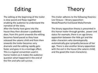 Editing Theory 
The editing at the beginning of the trailer 
is slow paced and flows together 
enabling the audience to understand the 
narrative of the story. 
After the family have gone into the 
house they then discover a padlocked 
door, from this point onwards the editing 
becomes faced paced as they have 
released the satanic child and from then 
onwards the trailer becomes very 
dramatic and the editing rapidly gets 
faster and goes in to a montage effect. 
This is a typical convention used in 
horror trailers as it makes the audience 
question what happened in the end of 
the film and who will survive. 
This trailer adheres to the following theories: 
Levi Strauss – Binary opposition: 
Weak/Powerful Evil/Good Male/Female 
The binary opposition theory is presented in 
this horror trailer through gender, power and 
status for example; there is an age binary 
opposition between the little girl and the 
older characters who stereotypically 
automatically give sympathy because of her 
age. There is also another binary opposition 
with the evil in the house (the satanic child) 
and the good (the main characters). 
 