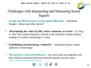 Open Social Media: Where we tell it like it is



    Challenges with Interpreting and Measuring Social
                         Signals
•   Google and Bing Interpret social signals differently – Facebook,
    Google+, Klout, and other factors?

•    Determining the value of a like, share, comment, or review – it’s easy
    to “like” the content shared by a friend or the friend of a friend without
    reading it or really considering it’s value

•   Establishing and measuring “authority” – popularity doesn’t equal
    authority or knowledge

•   Measuring overall social influence – the score cards are imperfect and
    have limited correlation between claimed expertise and the score (
    there is evidence that this is going to change)

                                                                                 13
 