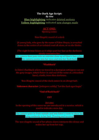 The Dark Age Script:
By Anu
Blue highlighting indicates deleted sections
Yellow highlighting indicated new changes made
ACT ONE:
Opening scene:
Non-Diegetic sound of a clock
[A young lady, who goes by the name of Eden Utopia, is crouched
down in the centre of an isolated road all alone, or so she thinks.
{The night breeze hisses as it whips past her face as the darkness
slowly consumes her.
The camera then pans into an extreme close up of Eden’s face where
the camera zooms into her eyes and into her flash back.
*Flashback*
In Eden’sflashback where we travel to a dystopian setting we can see
the gory images, which flicker in and out of the scene of, a bloodied
hand, a knife, trees then darkness.
Non-Diegetic sound of the clock comes to an abrupt halt.
Unknown character: [whispers coldly] “Let the dark ages begin”
*End of flash back*
CUT
Act one:
In the opening of this scene we are introduced to a sunrise, which is
used to indicate a new day.
The camera pans in from outside and into Eden’s room to show her
lying restlessly in her bed. [Tossing and turning]
The non-diegetic sound of her phone alarm interjects the silence and
wakes her up from her nap.
 