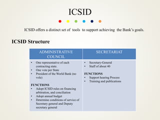 ICSID
ICSID Structure
ADMINISTRATIVE
COUNCIL
SECRETARIAT
• One representative of each
contracting state.
• One vote per State
• President of the World Bank (no
vole)
FUNCTIONS
• Adopt ICSID rules on financing
arbitration, and conciliation
• Adopt annual budget
• Determine conditions of service of
Secretary general and Deputy
secretary general
• Secretary-General
• Staff of about 40
FUNCTIONS
• Support hearing Process
• Training and publications
ICSID offers a distinct set of tools to support achieving the Bank’s goals.
 