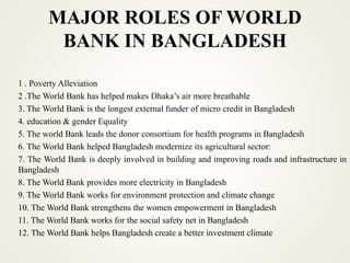 MAJOR ROLES OF WORLD
BANK IN BANGLADESH
1 . Poverty Alleviation
2 .The World Bank has helped makes Dhaka’s air more breathable
3. The World Bank is the longest external funder of micro credit in Bangladesh
4. education & gender Equality
5. The world Bank leads the donor consortium for health programs in Bangladesh
6. The World Bank helped Bangladesh modernize its agricultural sector:
7. The World Bank is deeply involved in building and improving roads and infrastructure in
Bangladesh
8. The World Bank provides more electricity in Bangladesh
9. The World Bank works for environment protection and climate change
10. The World Bank strengthens the women empowerment in Bangladesh
11. The World Bank works for the social safety net in Bangladesh
12. The World Bank helps Bangladesh create a better investment climate
 