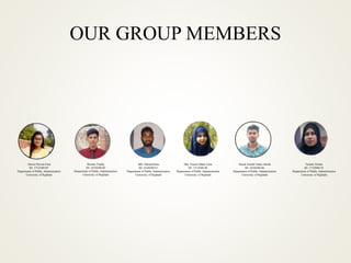 OUR GROUP MEMBERS
Afroza Parven Ema
ID: 1712348107
Department of Public Administration
University of Rajshahi
Rezuan Taufiq
ID: 1610248160
Department of Public Administration
University of Rajshahi
MD. Masud Rana
ID: 1610248151
Department of Public Administration
University of Rajshahi
Mst. Nusrat Jahan Luna
ID: 1712348148
Department of Public Administration
University of Rajshahi
Sayed Asraful Islam Akash
ID: 1610248146
Department of Public Administration
University of Rajshahi
Tasmin Zaman
ID: 1712048125
Department of Public Administration
University of Rajshahi
 