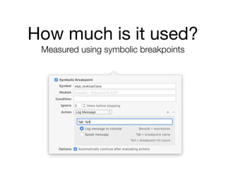 How much is it used?

Measured using symbolic breakpoints
 