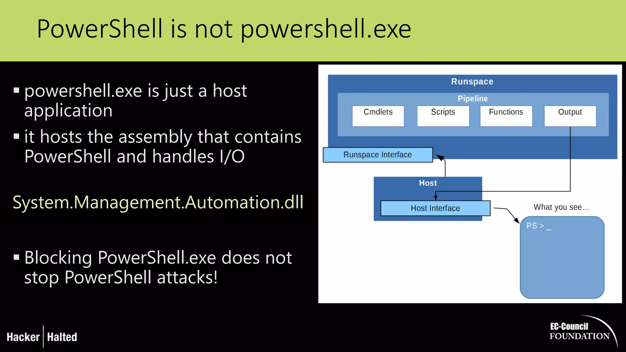 PowerShell is not powershell.exe
 powershell.exe is just a host
application
 it hosts the assembly that contains
PowerShell and handles I/O
System.Management.Automation.dll
 Blocking PowerShell.exe does not
stop PowerShell attacks!
 