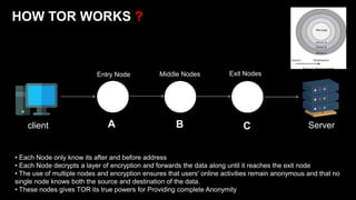 HOW TOR WORKS ?
client Server
A B C
Entry Node Middle Nodes Exit Nodes
• Each Node only know its after and before address
• Each Node decrypts a layer of encryption and forwards the data along until it reaches the exit node
• The use of multiple nodes and encryption ensures that users' online activities remain anonymous and that no
single node knows both the source and destination of the data.
• These nodes gives TOR its true powers for Providing complete Anonymity
 