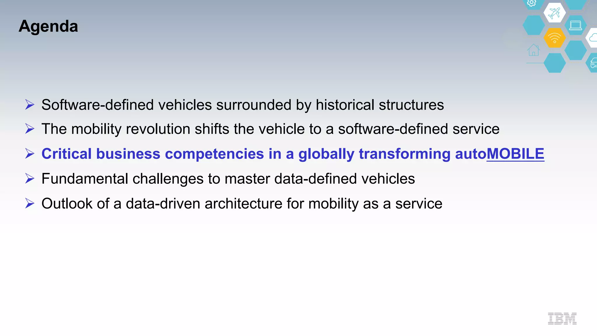 Agenda
Ø Software-defined vehicles surrounded by historical structures
Ø The mobility revolution shifts the vehicle to a software-defined service
Ø Critical business competencies in a globally transforming autoMOBILE
Ø Fundamental challenges to master data-defined vehicles
Ø Outlook of a data-driven architecture for mobility as a service
 
