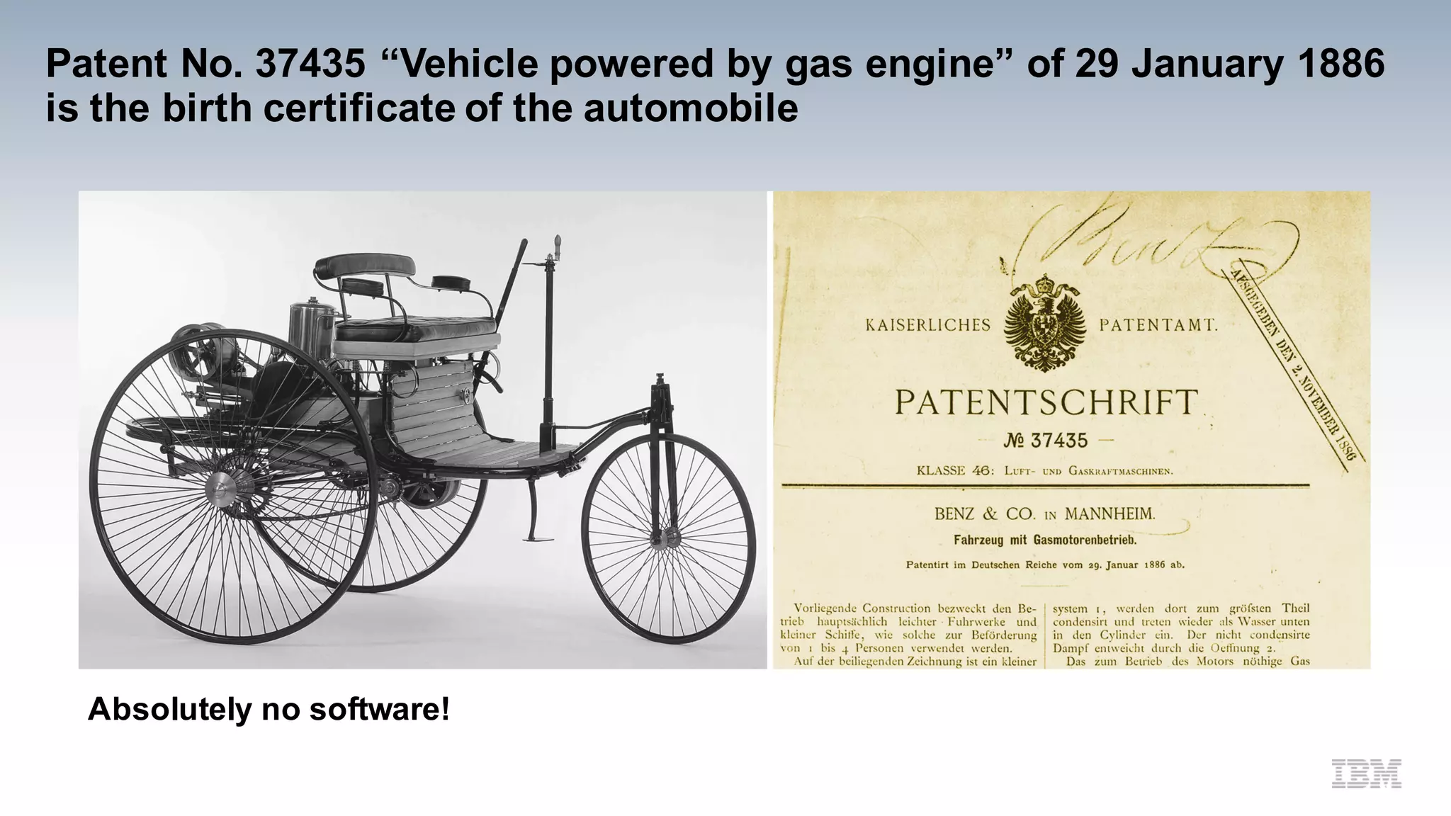 Patent No. 37435 “Vehicle powered by gas engine” of 29 January 1886
is the birth certificate of the automobile
Absolutely no software!
 