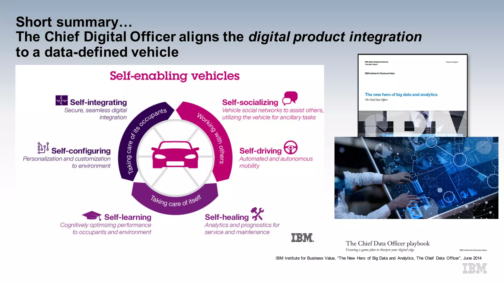 Short summary…
The Chief Digital Officer aligns the digital product integration
to a data-defined vehicle
The Chief Data Officer playbook
Creating a game plan to sharpen your digital edge IBM Institute for Business Value
IBM Institute for Business Value, “The New Hero of Big Data and Analytics, The Chief Data Officer”, June 2014
 