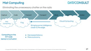 © Copyright 2016 DATACONSULT All rights reserved. No part of this presentation in all its property may be used or reproduced in any form without a written permission 8
IOT Data Flow
Capture Code
Transmit
RAN
Transport
IP, MPLS,
etc.
Store Analyze Action
Site Network Data Center/Cloud
Big Data /
Analytics /
Application builders
IoT Enabler
 