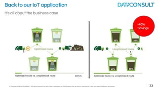 © Copyright 2016 DATACONSULT All rights reserved. No part of this presentation in all its property may be used or reproduced in any form without a written permission 13
LoRa
LoRa Alliance, backed by Cisco, IBM,...
Star of Stars topology, Encrypted protocol
Wideband CDMA: 868Mhz - <500kHz
0.3kbps - 50kbps
15 km
High battery life
3 Classes:
A: similar to Sigfox. Receiver Initiated
Transmission Strategy (RIT)
B: scheduled downlink slot, intermittent device
sleep.
C: always on. Mains Powered.
Just getting started.
Open ecosystem.
But one radio manufacturer: Semtech.
City wide deployments with 2 way
communications.
Open for operators and private companies.
Technology Applications
100+ Members
 