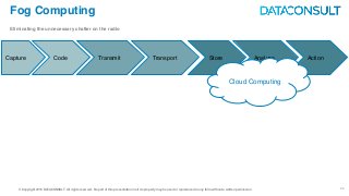 © Copyright 2016 DATACONSULT All rights reserved. No part of this presentation in all its property may be used or reproduced in any form without a written permission
Fog Computing
Eliminating the unnecessary chatter on the radio
26
Capture Code Transmit Transport Store Analyze Action
Cloud Computing
 