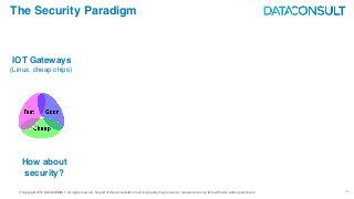 © Copyright 2016 DATACONSULT All rights reserved. No part of this presentation in all its property may be used or reproduced in any form without a written permission 30
The Security Paradigm
IOT Gateways
(Linux, cheap chips)
How about
security?
 