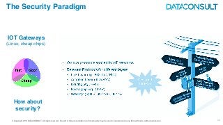 © Copyright 2016 DATACONSULT All rights reserved. No part of this presentation in all its property may be used or reproduced in any form without a written permission 30
The Security Paradigm
IOT Gateways
(Linux, cheap chips)
How about
security?
 