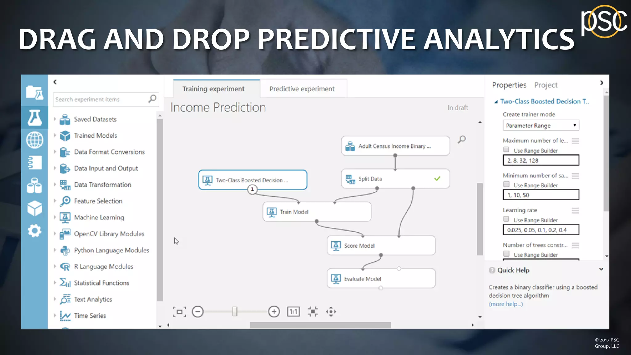 DRAG AND DROP PREDICTIVE ANALYTICS
© 2017 PSC
Group, LLC
 