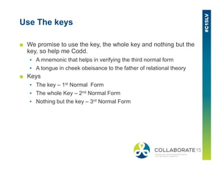 Use The keys
■ We promise to use the key, the whole key and nothing but the
key, so help me Codd.
▪ A mnemonic that helps in verifying the third normal form
▪ A tongue in cheek obeisance to the father of relational theory
■ Keys
▪ The key – 1st Normal Form▪ The key – 1st Normal Form
▪ The whole Key – 2nd Normal Form
▪ Nothing but the key – 3rd Normal Form
 