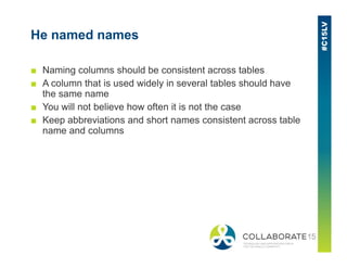 He named names
■ Naming columns should be consistent across tables
■ A column that is used widely in several tables should have
the same name
■ You will not believe how often it is not the case
■ Keep abbreviations and short names consistent across table
name and columnsname and columns
 