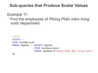 Example 11:
◦ Find the employees of Phòng Phần mềm trong
nước department
Sub-queries that Produce Scalar Values
THE DATABASE LANGUAGE SQL 48
 