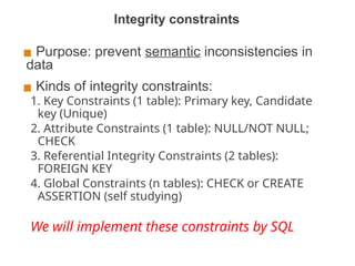 Integrity constraints
▪ Purpose: prevent semantic inconsistencies in
data
▪ Kinds of integrity constraints:
1. Key Constraints (1 table): Primary key, Candidate
key (Unique)
2. Attribute Constraints (1 table): NULL/NOT NULL;
CHECK
3. Referential Integrity Constraints (2 tables):
FOREIGN KEY
4. Global Constraints (n tables): CHECK or CREATE
ASSERTION (self studying)
We will implement these constraints by SQL
THE DATABASE LANGUAGE SQL 6
 
