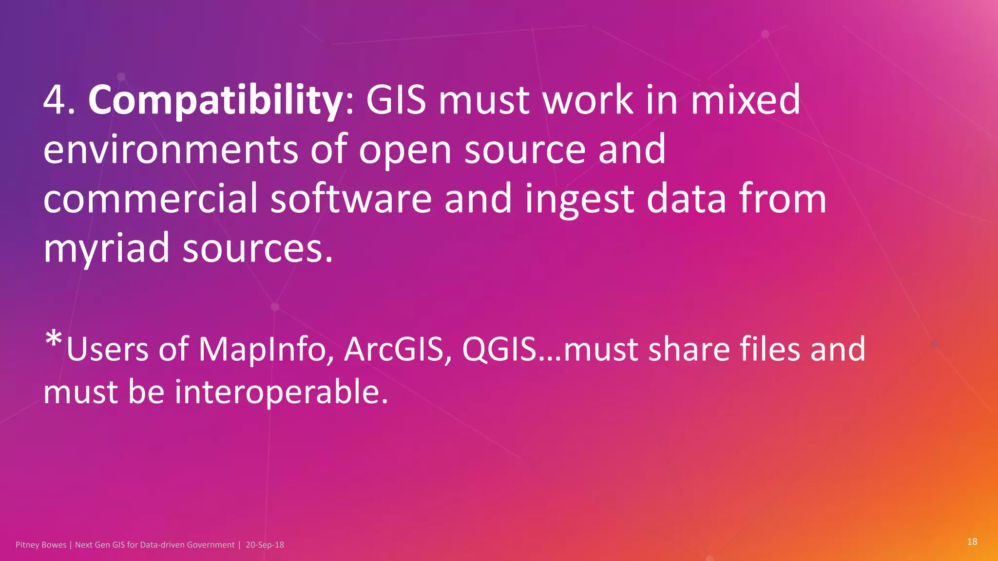 Pitney Bowes | Next Gen GIS for Data-driven Government | 20-Sep-18 18
4. Compatibility: GIS must work in mixed
environments of open source and
commercial software and ingest data from
myriad sources.
*Users of MapInfo, ArcGIS, QGIS…must share files and
must be interoperable.
 