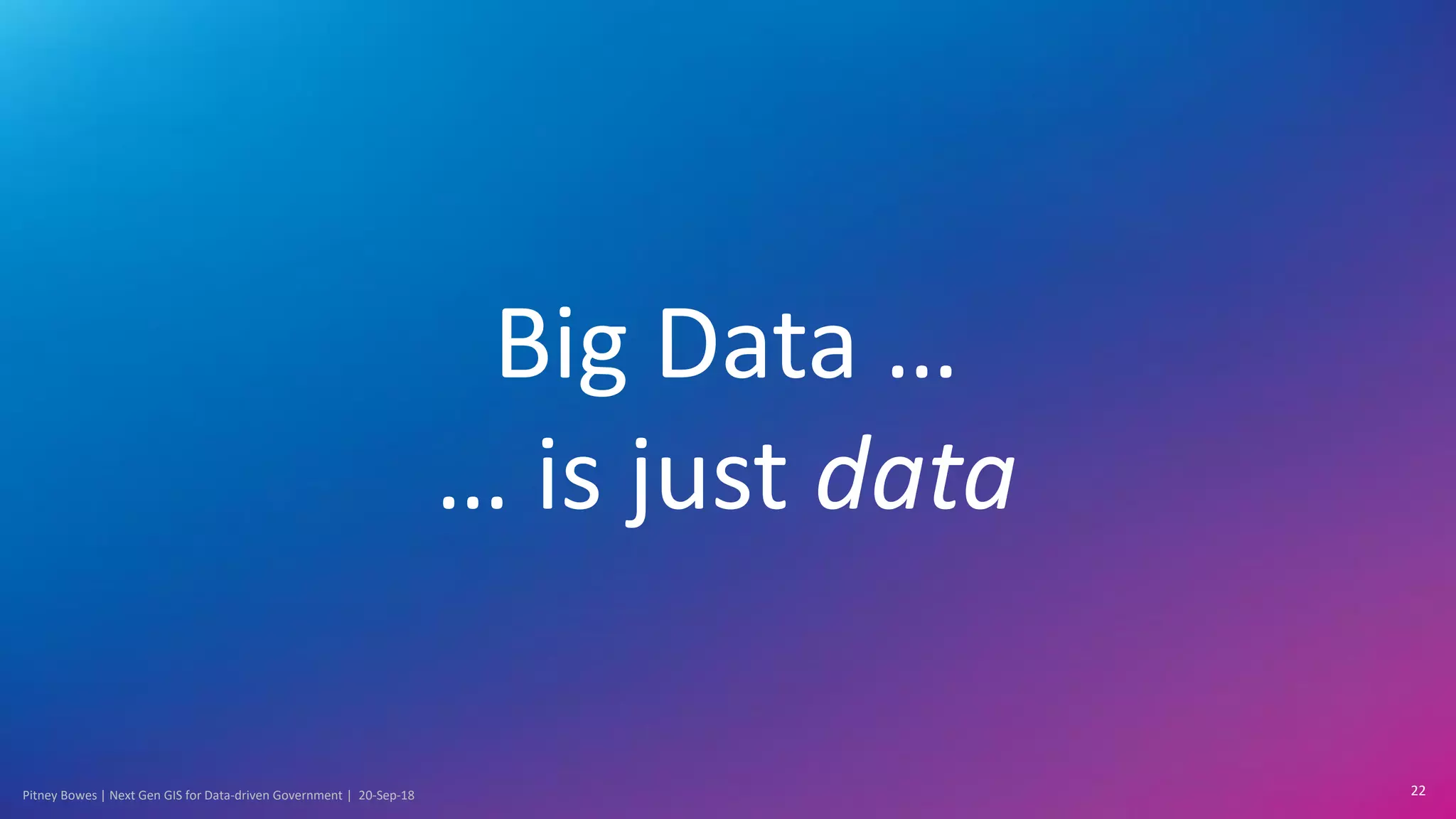 Pitney Bowes | Next Gen GIS for Data-driven Government | 20-Sep-18
Big Data …
… is just data
22
 