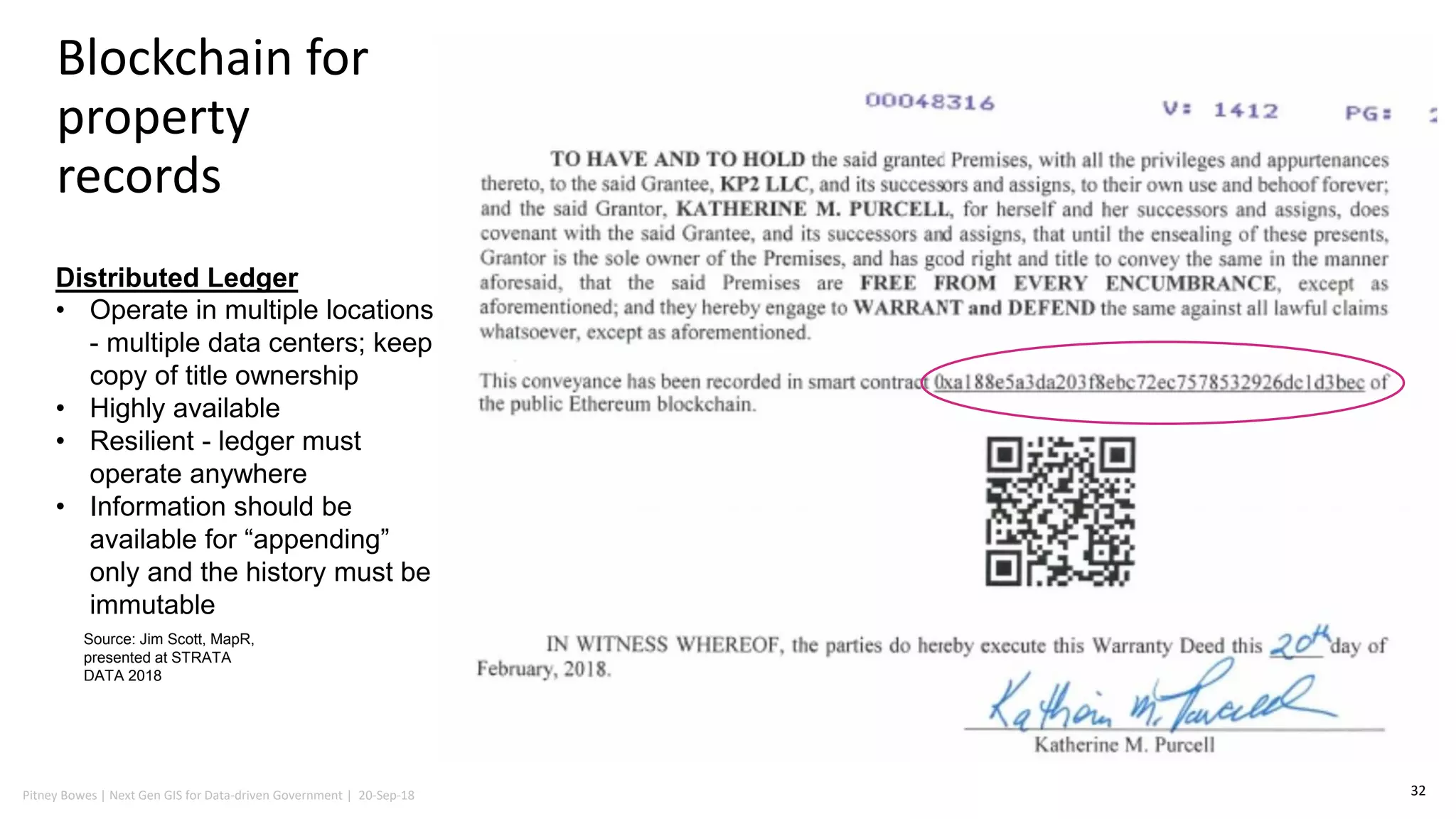Pitney Bowes | Next Gen GIS for Data-driven Government | 20-Sep-18
Blockchain for
property
records
32
Distributed Ledger
• Operate in multiple locations
- multiple data centers; keep
copy of title ownership
• Highly available
• Resilient - ledger must
operate anywhere
• Information should be
available for “appending”
only and the history must be
immutable
Source: Jim Scott, MapR,
presented at STRATA
DATA 2018
 
