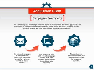 Acquisition Client
6
[Campagnes E-commerce ]
Une fois que la campagne
et vos objectifs sont
validés, nous envoyons la
bonne offre, à la bonne
audience et au bon
moment.
Nous analysons et
travaillons ensemble pour
améliorer votre ROI sur
les campagnes
suivantes.
The Data Factory vous accompagne dans votre objectif de développement des ventes. Appuyez-vous sur
notre réseau de base de données étendu sur 64 pays dans le monde. Nous vous fournirons un traffic
segmenté par sexe, age, code postal, intérets, support, et bien plus encore.
Nous dirigeons le traffic
ciblé vers la landing page
de votre choix. Vous
surveillez les résultats en
temps réel sur notre
plateforme.
 