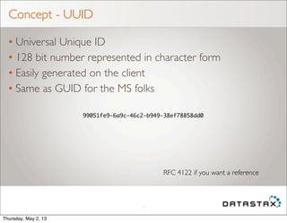 Concept - UUID
• Universal Unique ID
• 128 bit number represented in character form
• Easily generated on the client
• Same as GUID for the MS folks
11
99051fe9-6a9c-46c2-b949-38ef78858dd0
RFC 4122 if you want a reference
Thursday, May 2, 13
 