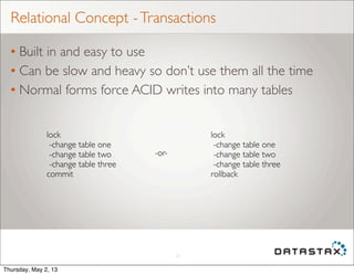Relational Concept -Transactions
• Built in and easy to use
• Can be slow and heavy so don’t use them all the time
• Normal forms force ACID writes into many tables
20
lock
-change table one
-change table two
-change table three
commit
-or-
lock
-change table one
-change table two
-change table three
rollback
Thursday, May 2, 13
 