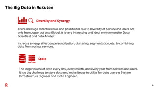 9
The Big Data in Rakuten
There are huge potential value and possibilities due to Diversity of Service and Users not
only from Japan but also Global. It is very interesting and ideal environment for Data
Scientiest and Data Analyst.
Increase synergy effect on personalization, clustering, segmentation, etc. by combining
data from various services.
The large volume of data every day, every month, and every year from services and users.
It is a big challenge to store data and make it easy to utilize for data users as System
Infrastructure Engineer and Data Engineer.
Diversity and Synergy
Scale
 