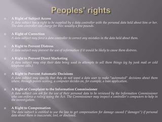 The rights of data subjectsPeople whose personal data is stored are called data subjects. The Act sets up rights for people who have data kept about them. 