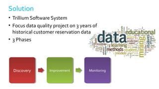 Solution
• Trillium Software System
• Focus data quality project on 3 years of
historical customer reservation data
• 3 Phases
DiscoveryDiscovery ImprovementImprovement MonitoringMonitoring
 