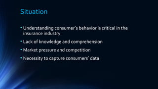 Situation
• Understanding consumer’s behavior is critical in the
insurance industry
• Lack of knowledge and comprehension
• Market pressure and competition
• Necessity to capture consumers’ data
 