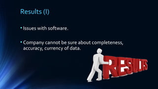 Results (I)
• Issues with software.
• Company cannot be sure about completeness,
accuracy, currency of data.
 