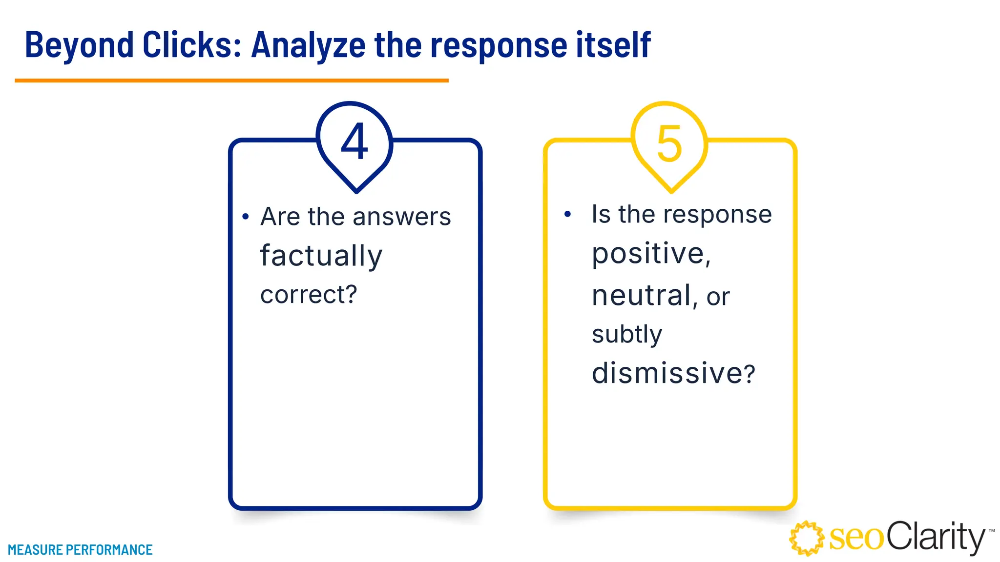 Beyond Clicks: Analyze the response itself
5
4
• Is the response
positive,
neutral, or
subtly
dismissive?
• Are the answers
factually
correct?
MEASURE PERFORMANCE
 
