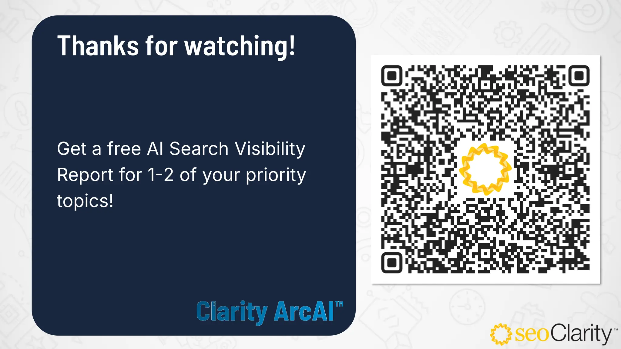 Thanks for watching!
Get a free AI Search Visibility
Report for 1-2 of your priority
topics!
 