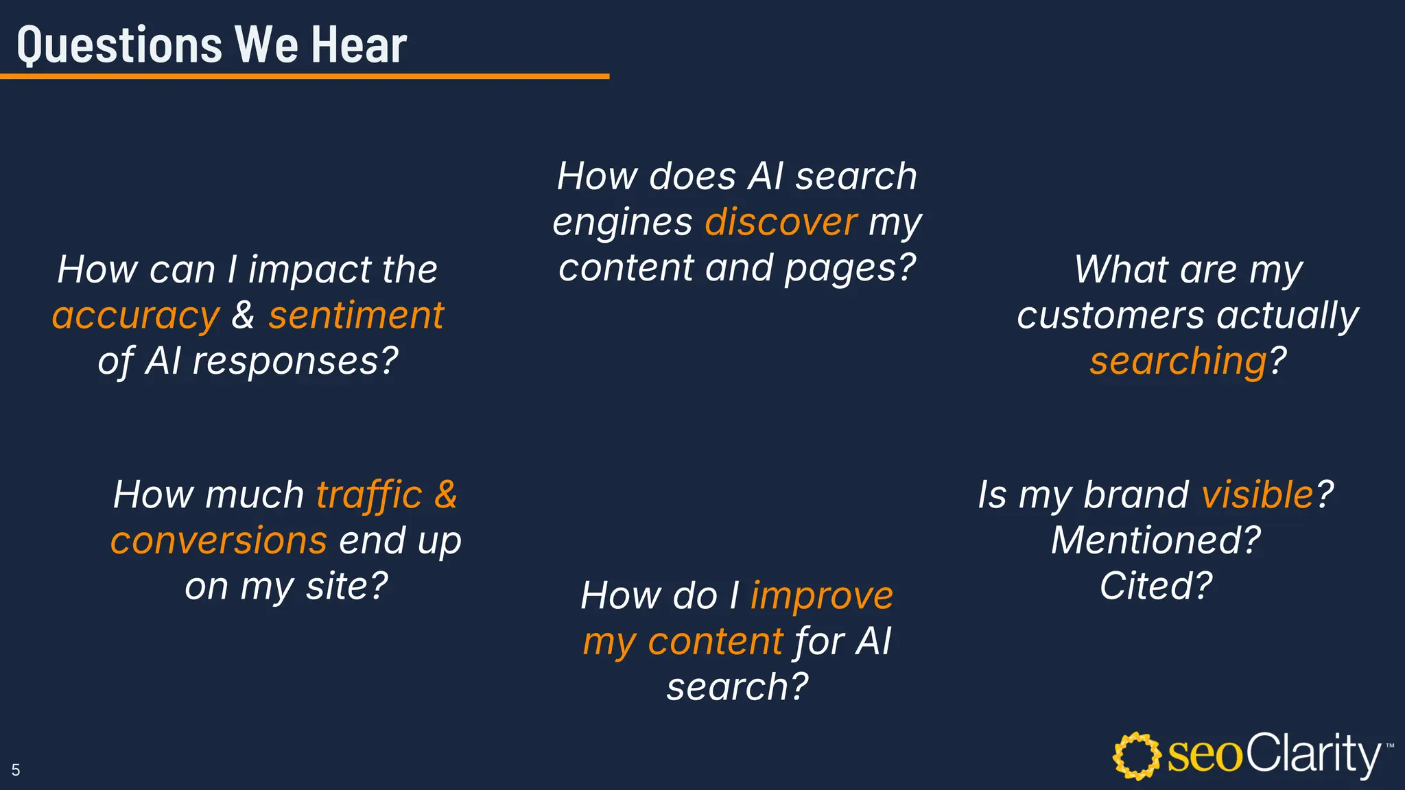 5
How does AI search
engines discover my
content and pages? What are my
customers actually
searching?
How do I improve
my content for AI
search?
Is my brand visible?
Mentioned?
Cited?
How much traffic &
conversions end up
on my site?
How can I impact the
accuracy & sentiment
of AI responses?
Questions We Hear
 