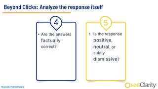 Beyond Clicks: Analyze the response itself
5
4
• Is the response
positive,
neutral, or
subtly
dismissive?
• Are the answers
factually
correct?
MEASURE PERFORMANCE
 