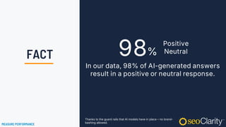 In our data, 98% of AI-generated answers
result in a positive or neutral response.
Thanks to the guard rails that AI models have in place – no brand-
bashing allowed.
98 Positive
Neutral
%
MEASURE PERFORMANCE
FACT
 
