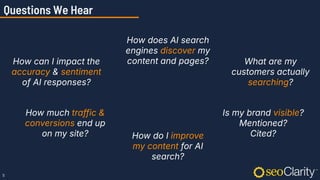 5
How does AI search
engines discover my
content and pages? What are my
customers actually
searching?
How do I improve
my content for AI
search?
Is my brand visible?
Mentioned?
Cited?
How much traffic &
conversions end up
on my site?
How can I impact the
accuracy & sentiment
of AI responses?
Questions We Hear
 