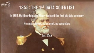 1855: THE 1ST DATA SCIENTIST
In 1855, Matthew Fontaine Maury founded the first big data company
No smartphones, no internet, no computers
Just data
 