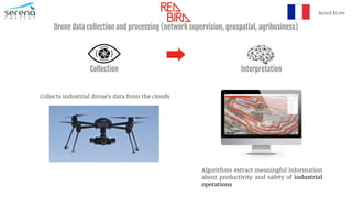 Collects industrial drone’s data from the clouds
Algorithms extract meaningful information
about productivity and safety of industrial
operations
Raised $3.2m
Collection Interpretation
Drone data collection and processing (network supervision, geospatial, agribusiness)
 