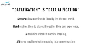 "DATAFICATION" IS "DATA AI FICATION"
Sensors allow machines to literally feel the real world,
Cloud enables them to share all together their own experience,
AI technics unlocked machine learning,
API turns machine decision making into concrete action.
 